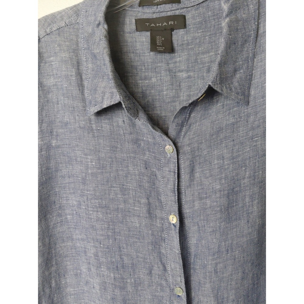 Tahari Tunic Women's Size L Blue Linen Button-Down Tunic long sleeve - Picture 3 of 8